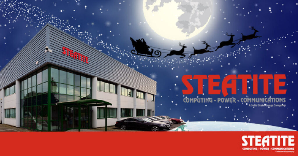 Santa's sleigh flying over the Steatite office