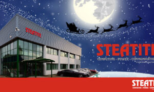 Santa's sleigh flying over the Steatite office