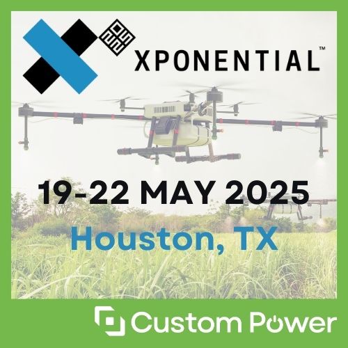 Xponential logo and event details with a drone in the background