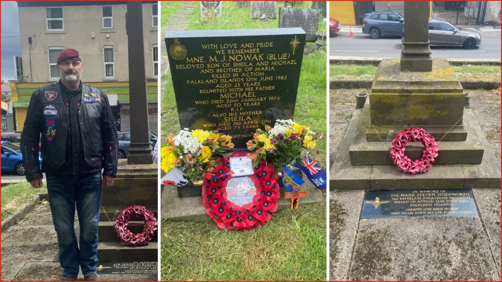 A veteran, war memorial and commemorative wreath
