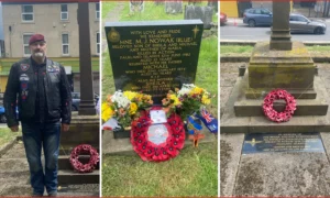 Falklands Ride of Respect (1) A veteran, war memorial and commemorative wreath