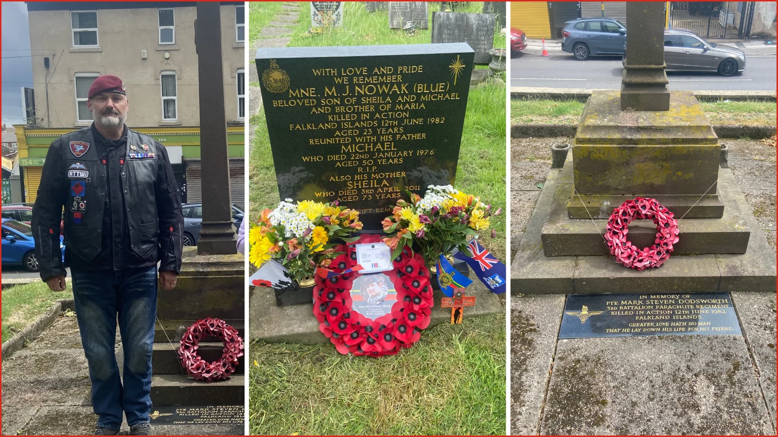 A veteran, war memorial and commemorative wreath