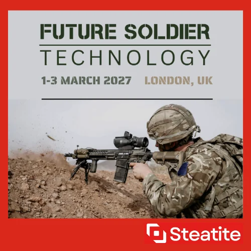 Future soldier technology event logo and details with a soldier firing a rifle