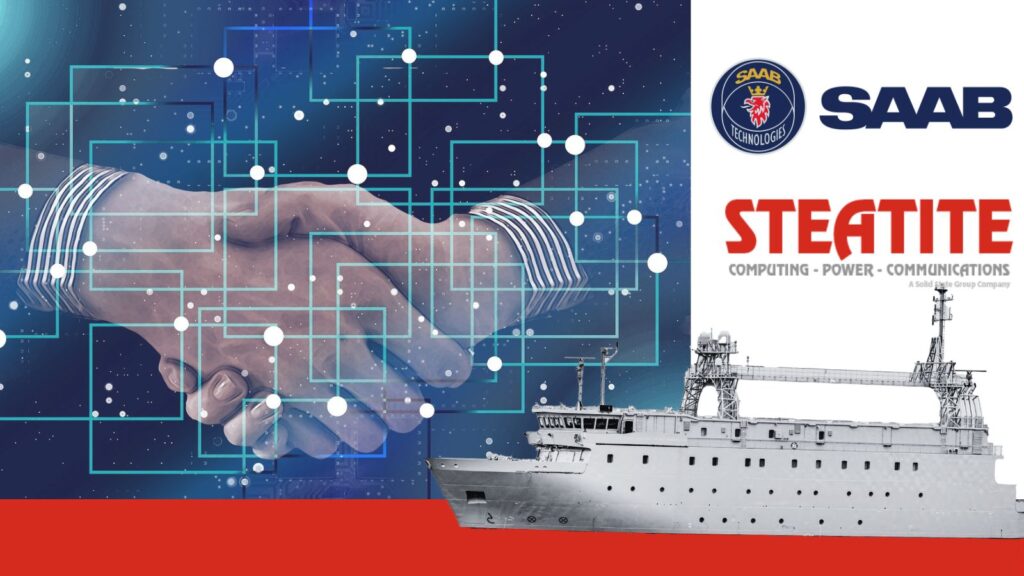 Steatite and Saab logos with a warship and handshake image
